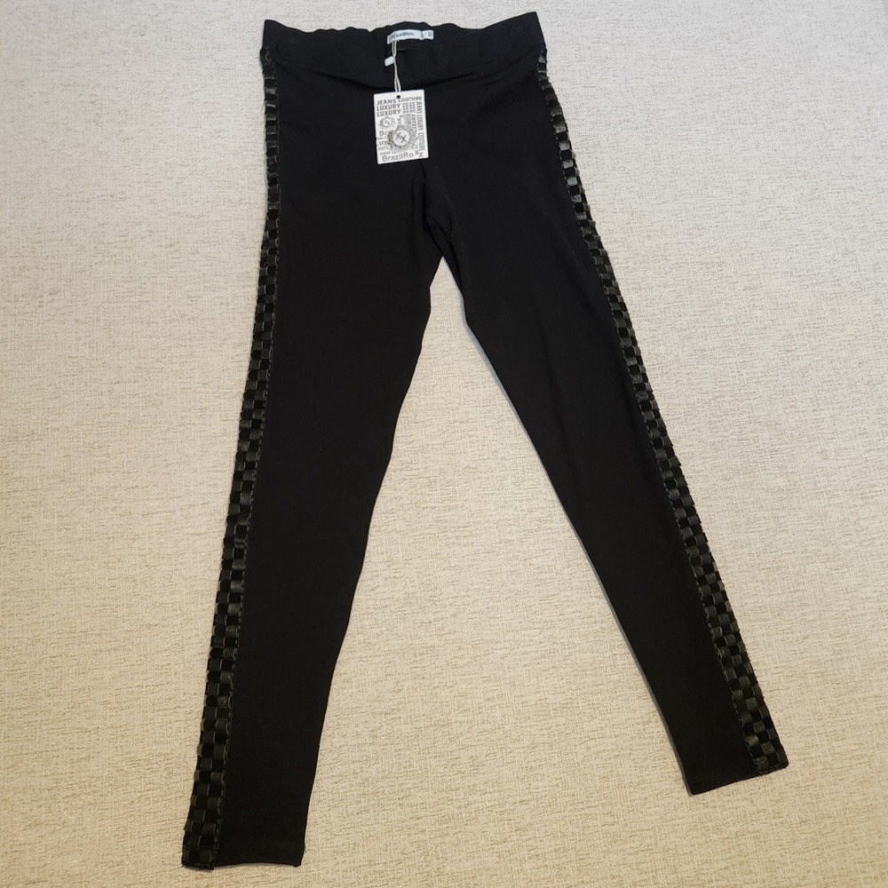 BrazilRoxx Leggings Womens XS Black Checkerboard Side Stripe Luxury Couture NEW